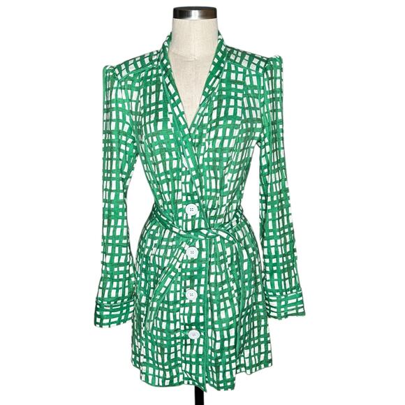 CABI Green White Circuit Plaid Linen Blend Belted Jacket Women's Size Small - Picture 2 of 8